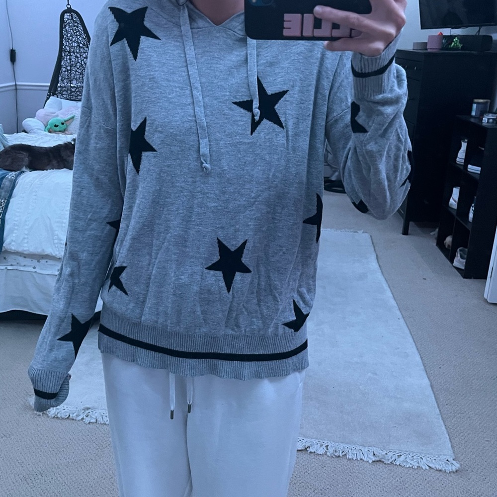 Grey Long Sleeve Hoodie With Black Stars